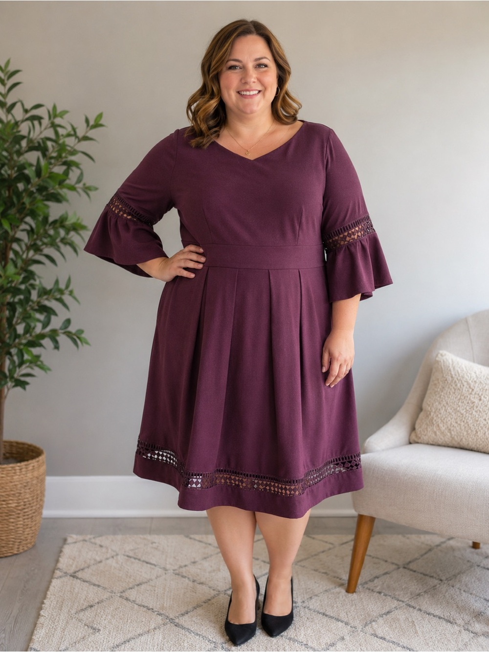 Eliza J Plum V-Neck A-Line Midi Dress with Lace Trim